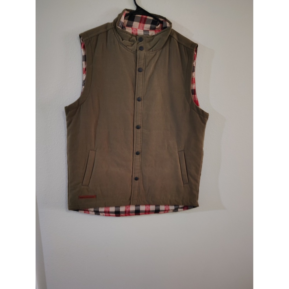 Simply Southern Mens Large Olive Green Quilted Snap Front Vest Plaid Lined